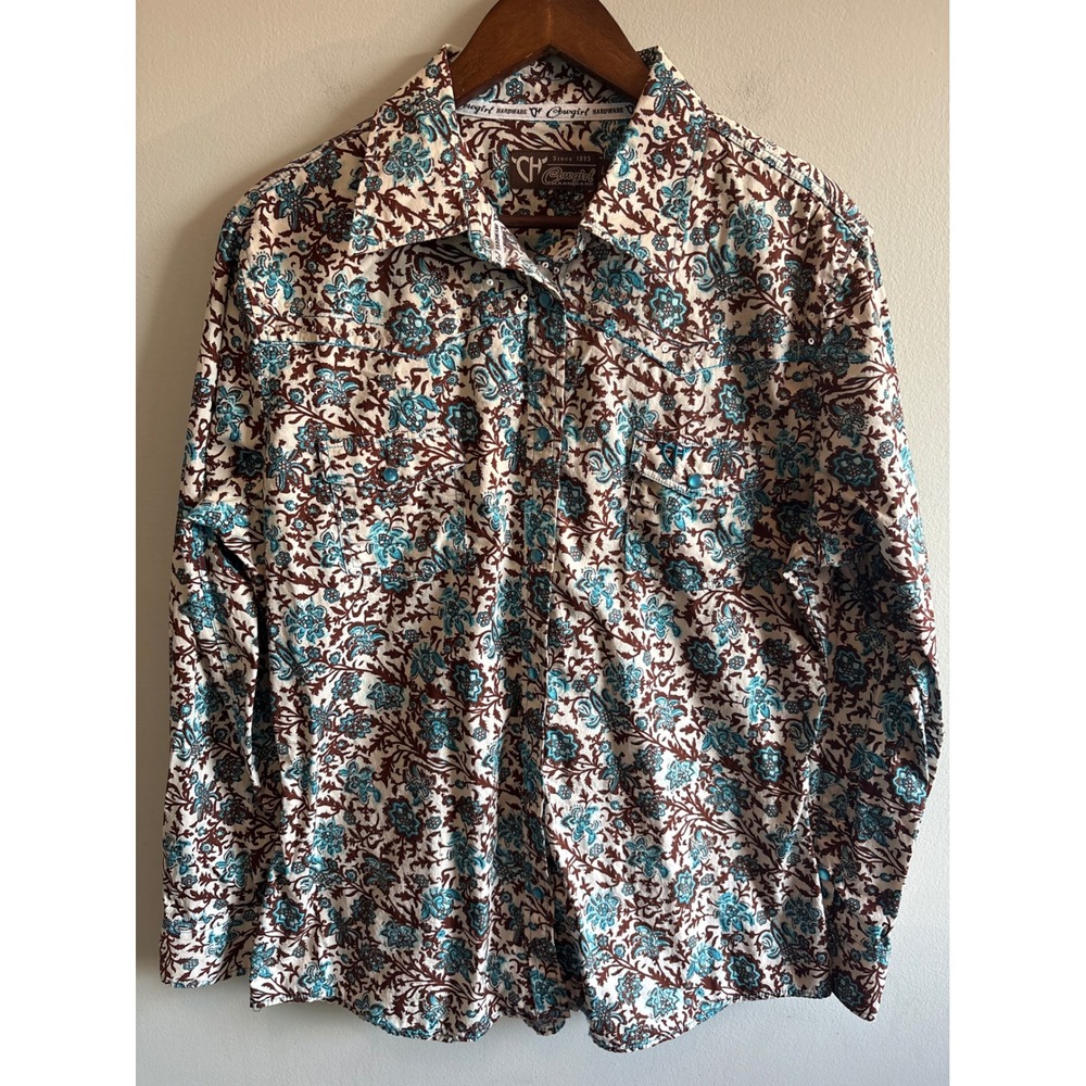 Cowgirl Hardware Western Snap Shirt Floral Sequin Yoke Turquoise Brown Large